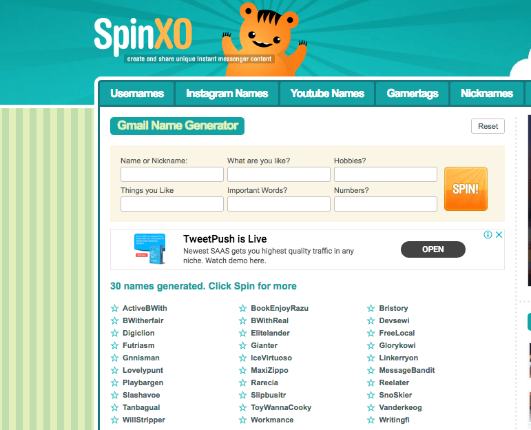 Spinxo. Username Generator. Pet name Generator.