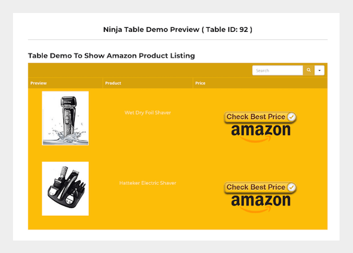 Amazon product table