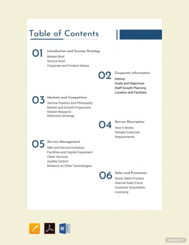 business plan contents page