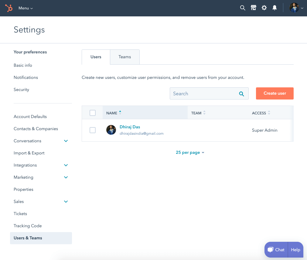 Create user Hubspot